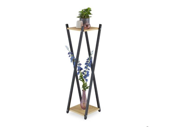 Relaxdays Étagère à plantes 2 surfaces effet bois tabouret moderne fleur HLP : 99x29x29 cm colonne noir-brun clair