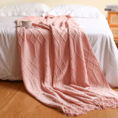 Inspire Curations Cream White Textured Knitted Throw Blanket With Tassels cl Pink 127x172cm