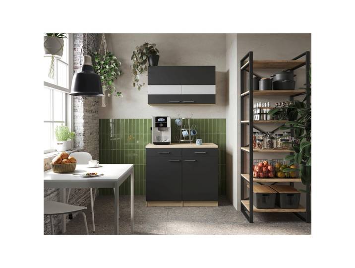 Buffet, Schwarz & Eiche, 100x200x60 cm, Holzwerkstoff, Erweiterbar & 3 Fächer, Küchenmöbel