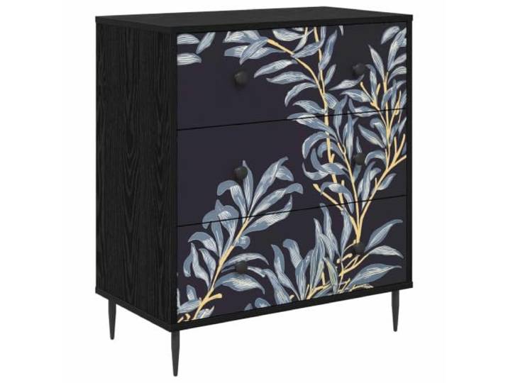 Foknhdi Kommode DOKKUM mit 3 Schubladen Schwarz Eiche 66x36,5x76 cm Stilvoller Beistellschrank im Farndesign für Wohnzimmer und Flur mit drei leichtgängigen Fächern und stabilen Füßen.