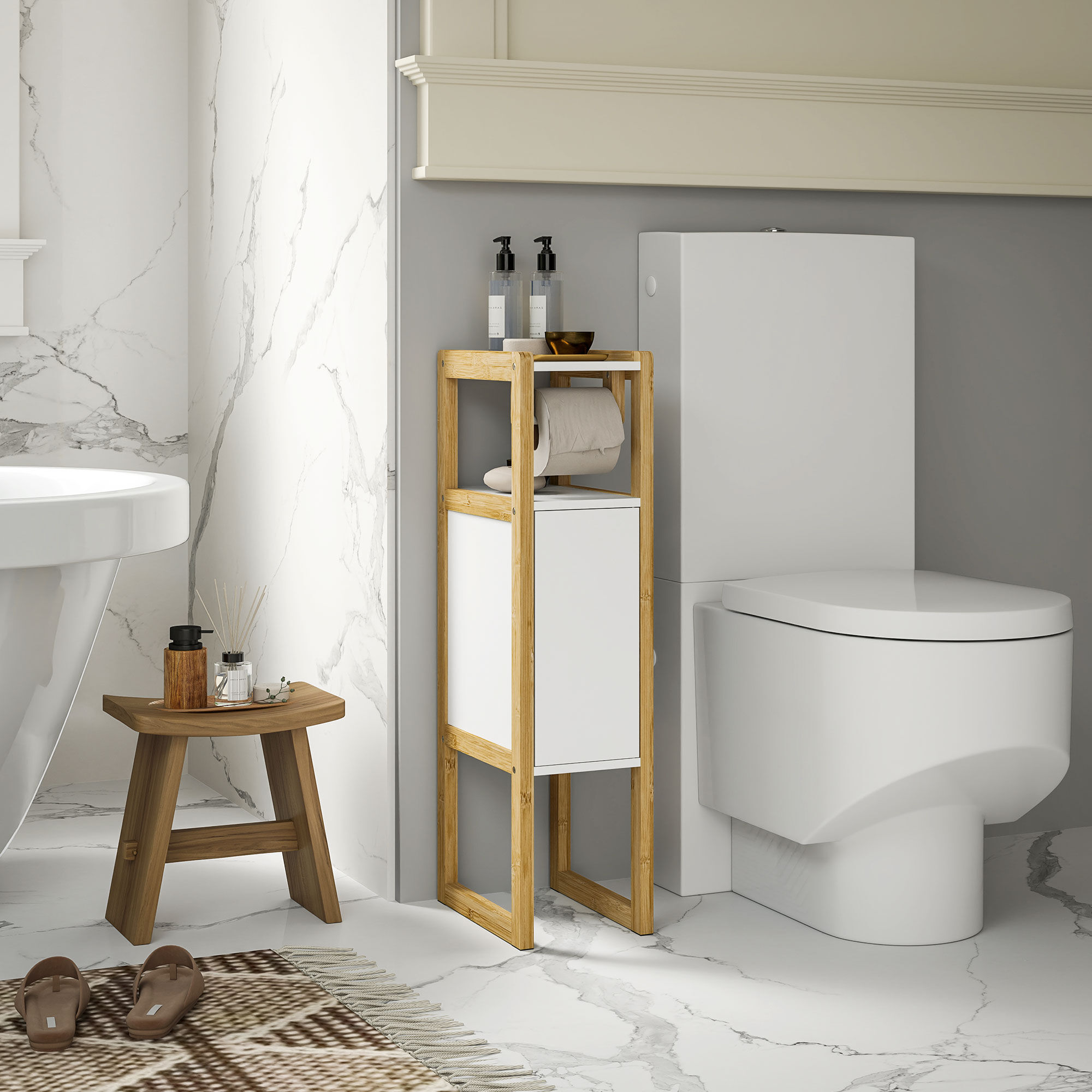 Altro Mobile Bagno Salvaspazio Con Porta Carta Igienica, Armadietto E Ripiano In Bambù, 20x33x80cm, Bianco