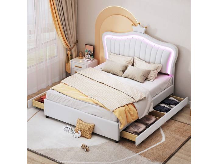 Lit enfant rembourré 140x200 cm blanc couronne tiroirs LED