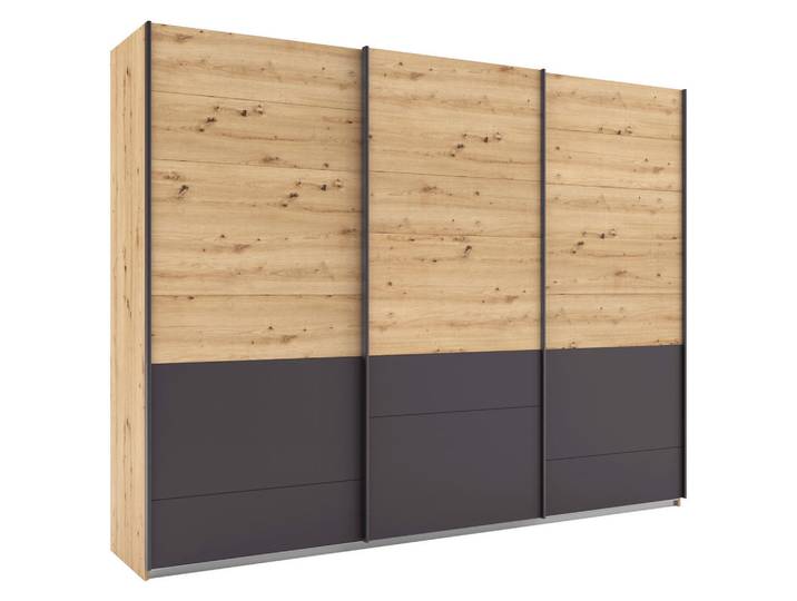Rauch Möbel Schwebetürenschrank Bilbao Extra 0380, Grau, Eiche Artisan, 3 Fächer, 271x210x62 cm, Blauer Engel, RAL Testat, Goldenes M, Made in Germany, Schlafzimmer, Kleiderschränke, Schwebetürenschränke