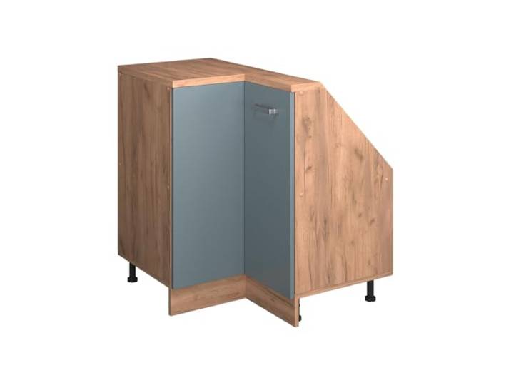 Vicco Eck-Küchenschrank für Dachschrägen R-Line, Blau-Grau, 75.6 cm Verbindet zwei Dachschrägen · Tiefe 46 cm · Höhenverst. Füße · Metallgriffe · 1 Einlegeboden