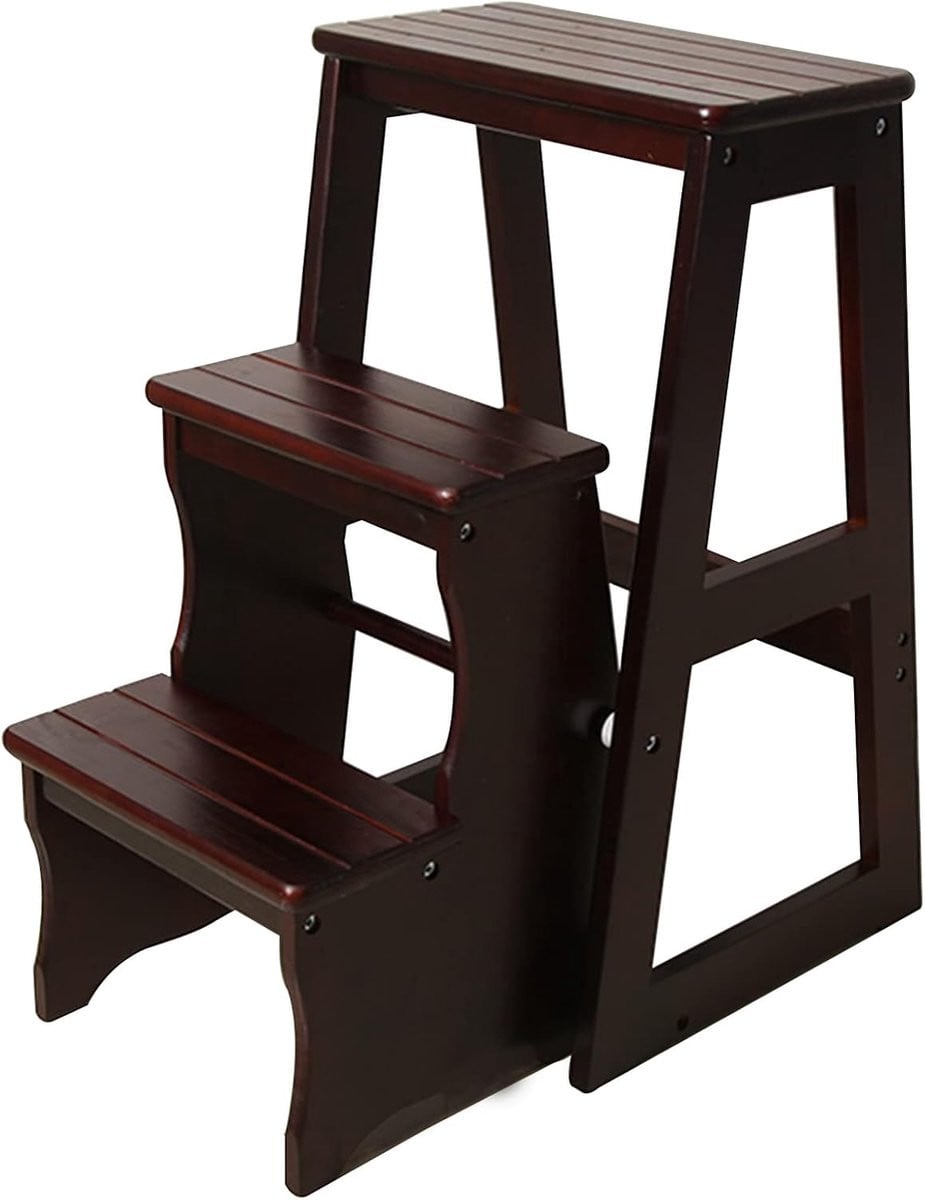 Houten Ladder Stoel - Opvouwbare 3-traps Trap Stoel - Zwart - Hoogte: 77 cm
