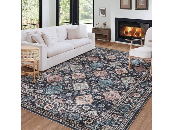 Tapis lavable - LUNSY - 160x230 cm - Motif floral vintage - Cachemire synthétique - Poils courts