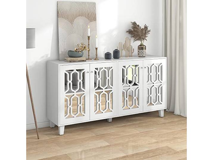 ModernLuxe - Weiß verspiegelte Sideboard mit Kristallgriffen, für Wohn- und Esszimmer (160 x 40 x 84cm)