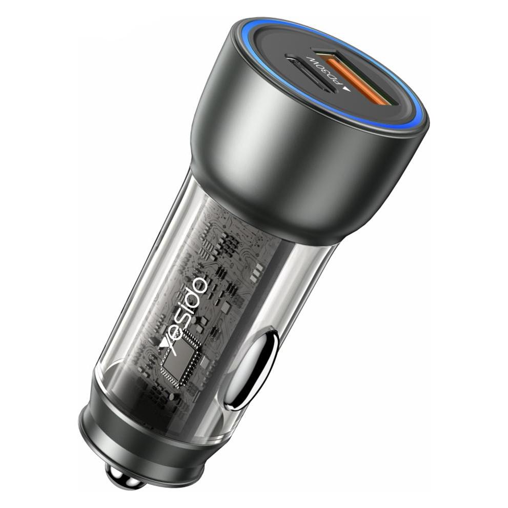 Yesido - Car Charger (Y49) - USB-A, Type-C, LED Light Effect, Fast Charging, 30W - Grey (47608493)