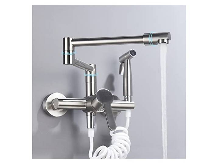 Küchenarmatur, Klappbarer Wasserhahn mit Messing-Topffüller und Seitensprüher, Küchenarmatur Schwenkarm Doppelfunktionsgelenk(Nickel faucet)