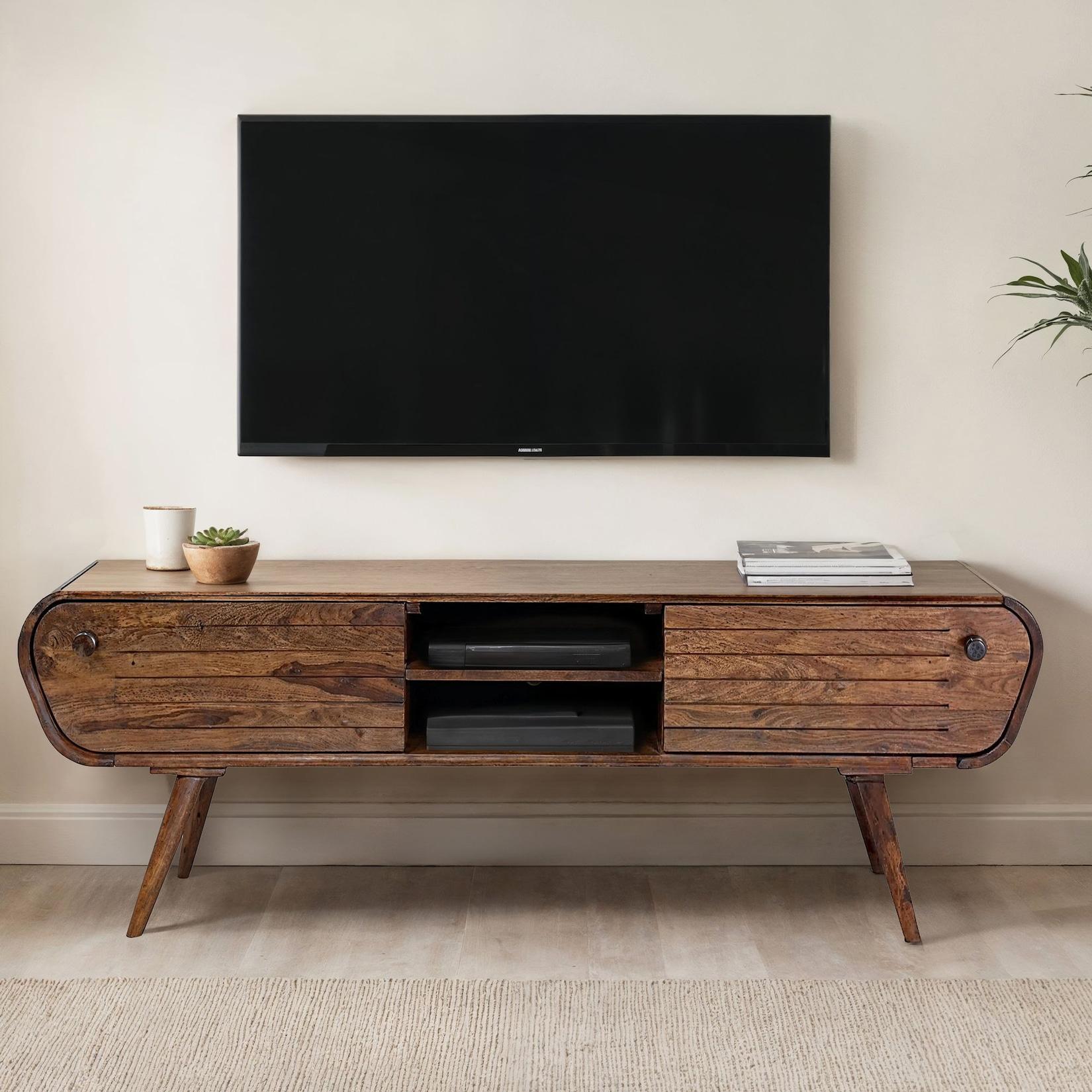 Lowboard FineBuy TV Board Sheesham Massivholz 160 cm Retro Schubladen Fächer