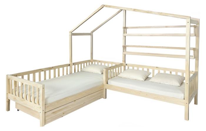 Kondela Kinderbett mit Lattenrost für 2 Kinder Enola 90x200+70x140 - natur