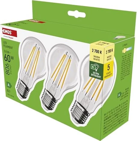 EMOS Filament A60 A CLASS / E27 / 3,8 W (60 W) / 806 lm / warmweiß, 3 Stück, 3 Stk