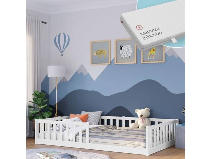 Bellabino Vere Bodenbett 120x200 cm, Massivholz Kiefer, mit Matratze, Weiß Montessori Kinderbett mit Rausfallschutz & Lattenrost, Massivholzbett für Jungen & Mädchen aus Holz Kiefer, Kleinkindbett