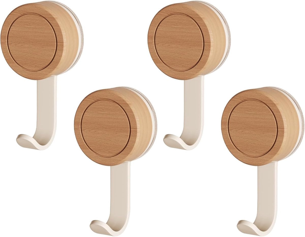 4x Houten Badkamer Zuignaphaken, Zelfklevende Muurhaken voor Badkamer en Keuken, Wit