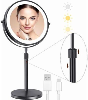 Uplifted Goods Lighted Makeup Mirror 8 Inch With 10X Magnification Adjustable Brightness And Three Color LED Lighting black