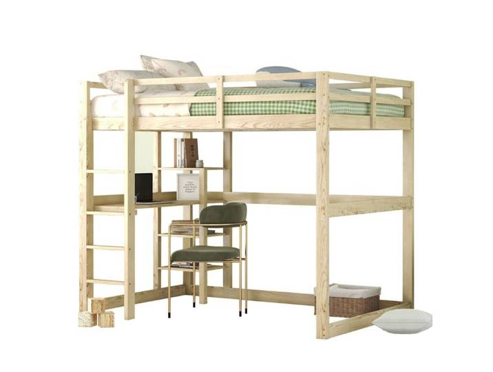 Lit enfant lit mezzanine cadre de lit avec Espace de rangement Naturel Avec 4 fentes et une plaque de bureau Entièrement en pin