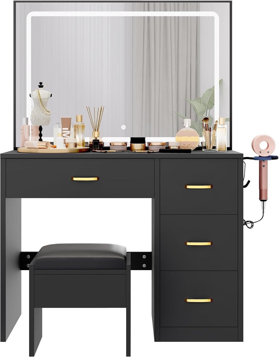 Zwarte make-uptafel met spiegel, verlichting, stopcontact en 4 laden
