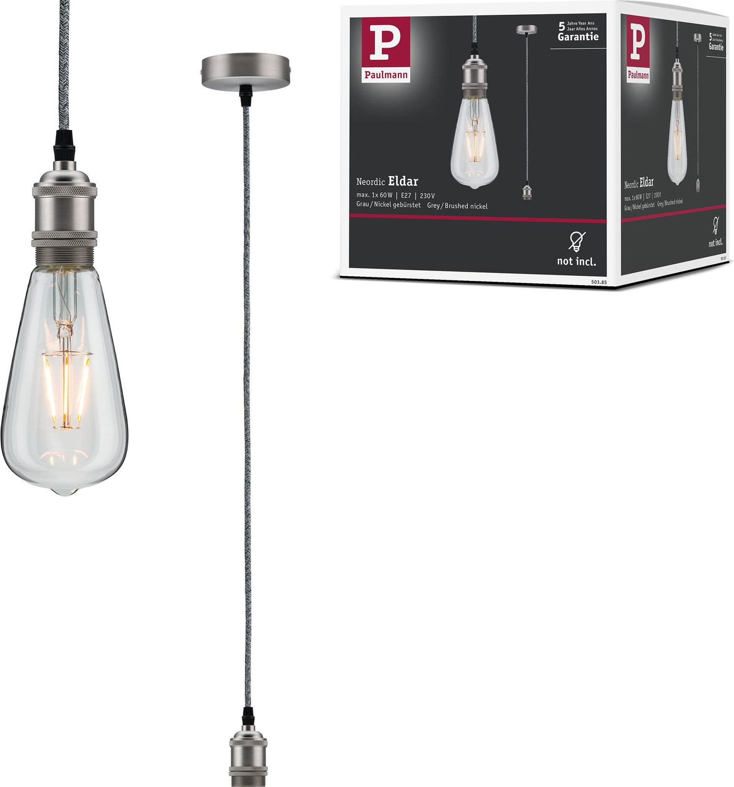 Paulmann Nordic Eldar hanglamp grijs en nikkel met textiel en metaal, E27, max. 60W