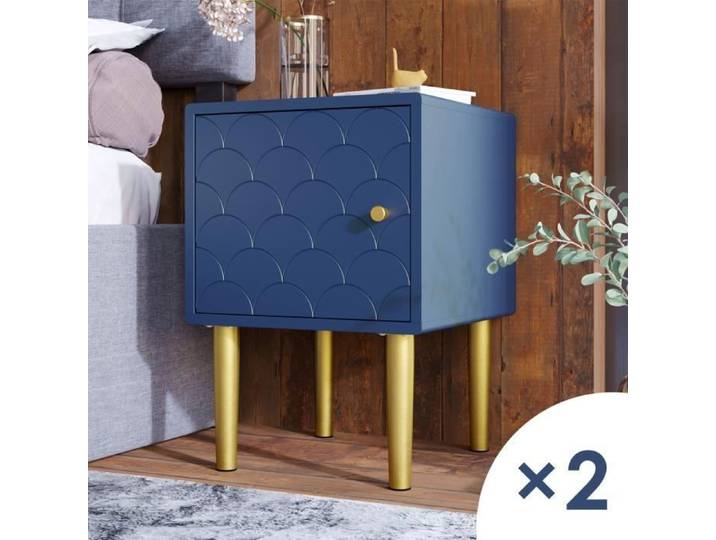 Lot de 2 tables de chevet Armoire de chevet Armoire de Rangement Pièds en métal pour chambre Bleu marine 50 x 35 x 35 cm