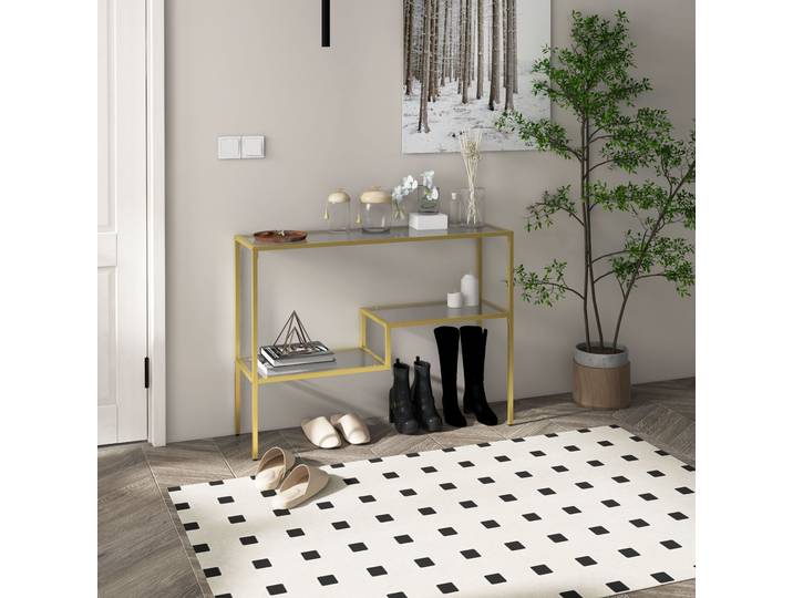 HOMCOM Console 3 Étagères Verre Trempé Acier Or 100x32x76 cm
