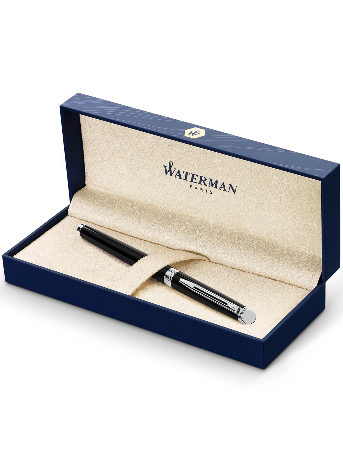 Waterman Hémisphère Füller | Hochglänzend Schwarz mit Chromzierteile | Füllfederhalter mit mittlerer Feder | blaue Tinte | Geschenkbox