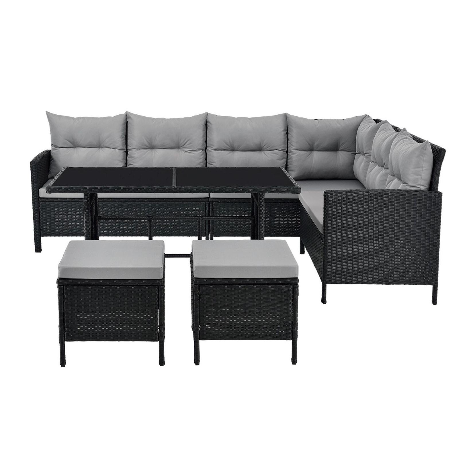 Juskys Gartenlounge Manacor schwarz - Sofa, Tisch, Hocker & Kissen - 8 Personen - Sitzbezüge in Grau