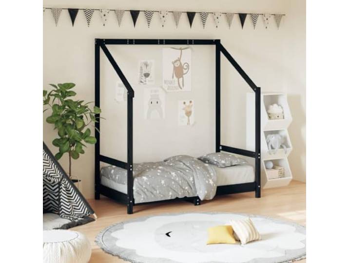 KGCRYUWED Kinderbett 70x140 cm Kiefer Holz Hausbett Rahmen Schwarz Rustikale Optik, Stabiles Lattenrost, Für Kleinkinder geeignet