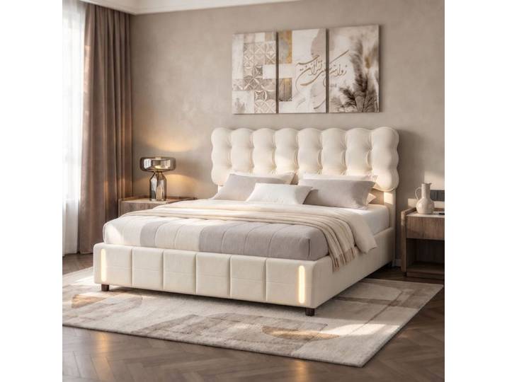 Lit 160x200 avec sommier LED coffre de lit tete de lit lit coffre 160x200 tissu en velours beige