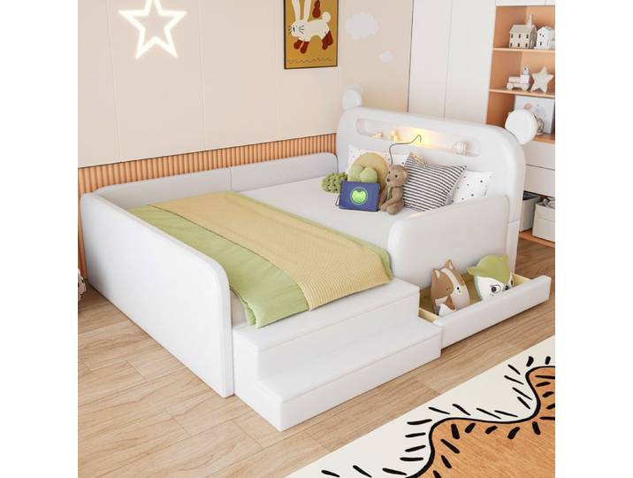 Lit enfant 140x200 cm rembourré avec rangement intégré tête de lit ours avec LED et USB assise marche revêtement PU - Blanc