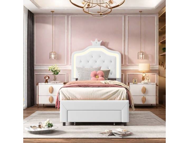 Lit simple - TANANT - Crown Kids - 90x200cm - Blanc - Tiroir avec LED réglable