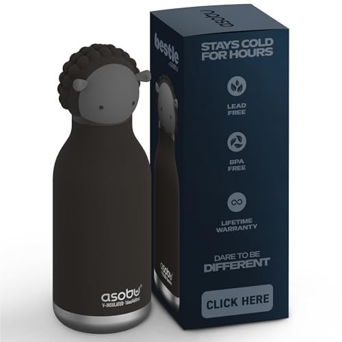 Asobu Bestie Kinderdrinkfles met rietje, geïsoleerde roestvrijstalen fles, 420 ml, Zwarte Schaapkop