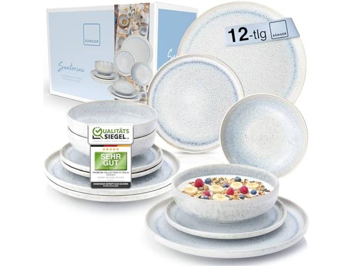 SÄNGER Tafelservice Santorini 12 tlg, Teller Set 4 Personen TEST SEHR GUT, Steingut Geschirr Set inkl. Speise- Dessertteller & Tiefe Teller Creme mit Flieder Blauem Verlauf PREMIUM COLLECTION