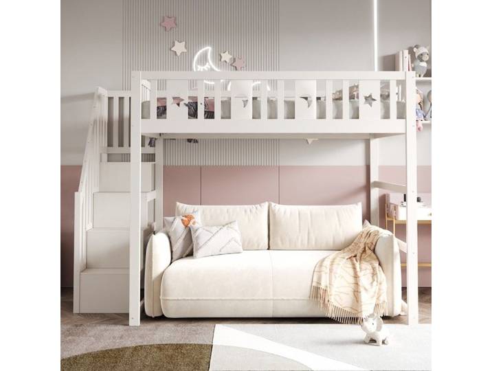 Lit superposé enfant blanc en bois massif 140x200 avec rampe de sécurité et décoration étoile lune