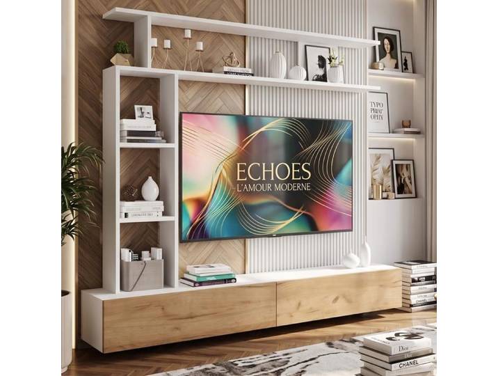 Meuble TV 180x35x22cm Gain de place Design soigné Mural ou sur pied Grand rangement - Blanc et Chêne