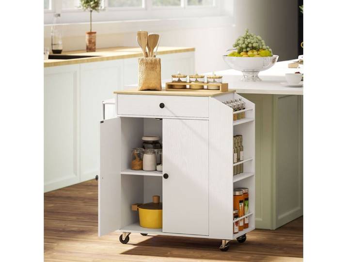 Chariot de cuisine sur roulettes avec plan de travail tiroir meuble à 2 portes porte-épices barre porte-serviettes - MODENVIE
