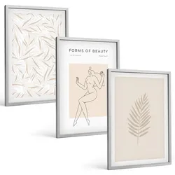 BILDER SET 3er Set - 40x60 cm Silberner Rahmen - Minimalistische botanische Motive