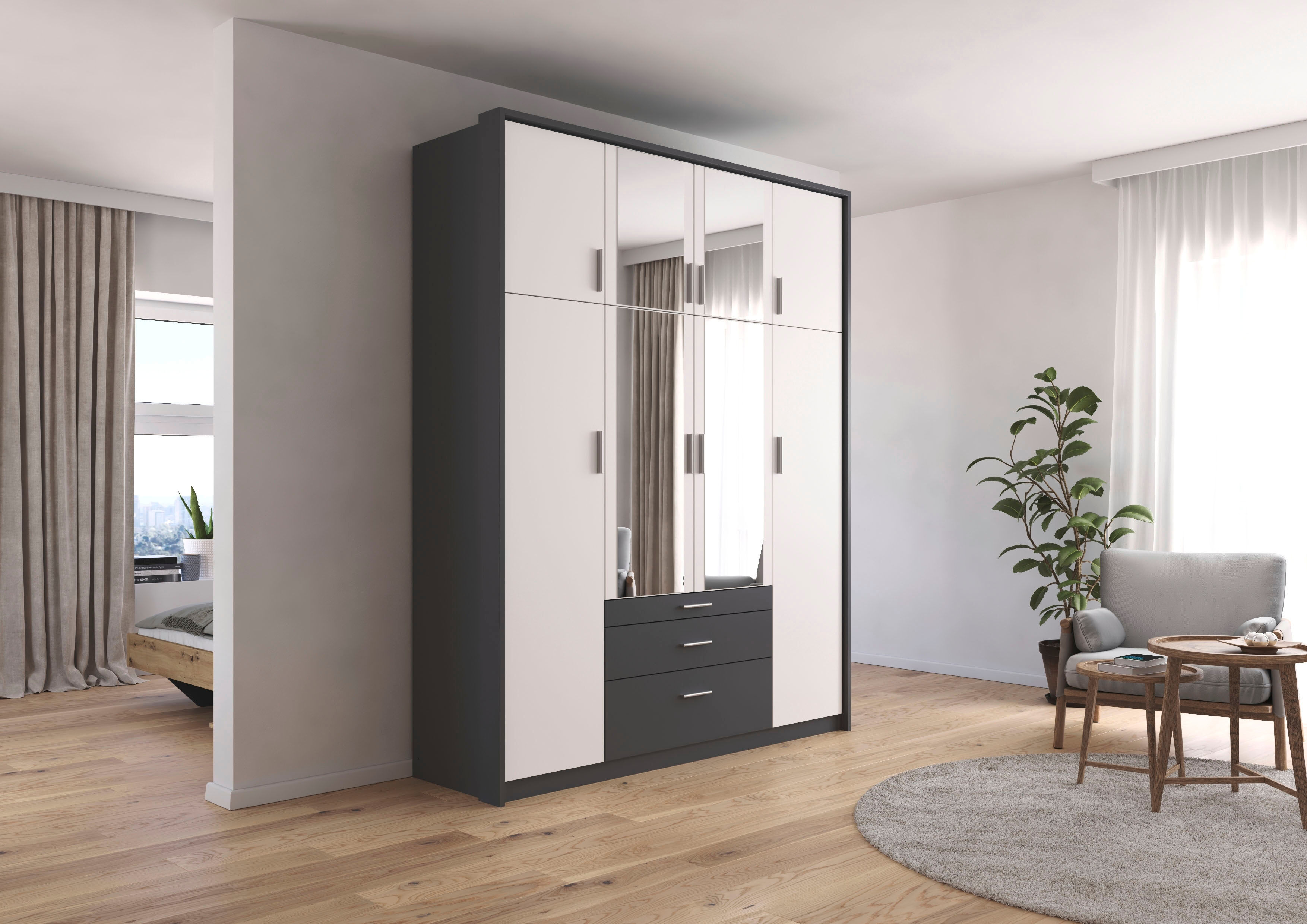 Kleiderschrank RAUCH "Schrank Drehtürenschrank Garderobe Ankleide Schlafzimmer HILDESHEIM", weiß (graumetallic, alpinweiß), B:185cm H:231cm T:58cm, Holzwerkstoff, Schränke, Kleiderschrank, oberste Schublade mit praktischer Facheinteilung MADE IN GERMANY