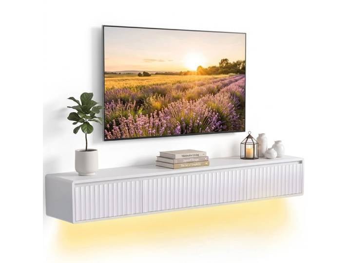 Meuble TV Suspendu Flottant 160 cm Éclairage LED et Prises Blanc