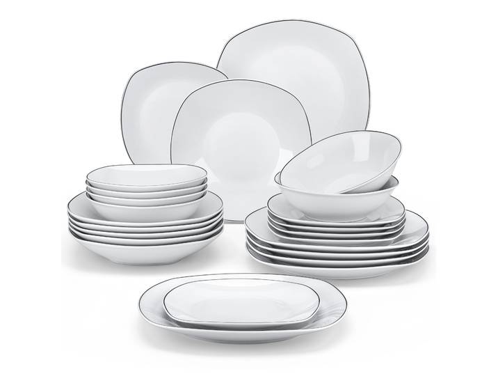 MALACASA 24/48 pièces assiettes en porcelaine ensembles bord noir avec 6/12 pièces assiettes à soupe service de vaisselle pour 12/24 personnes
