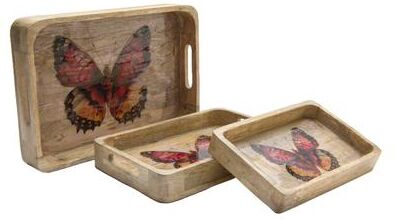 IH Casa Decor 3Pc Mango Wood Enamel-Coated Rect. Tray Butterfly Asstd
