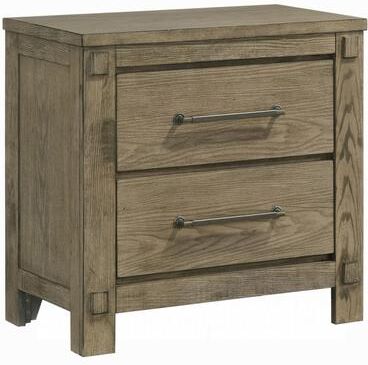 Benjara Cera Nightstand, 2 Drawers Bronze Handles, Antique White Oak Tone Wood