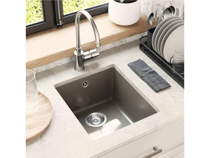 KGTKGTYER Küchenspüle Grau 370 x 460 mm Granit Unterbau Waschbecken Resistent gegen Hitze & Flecken, Robuste 80 Quarz-Zusammensetzung