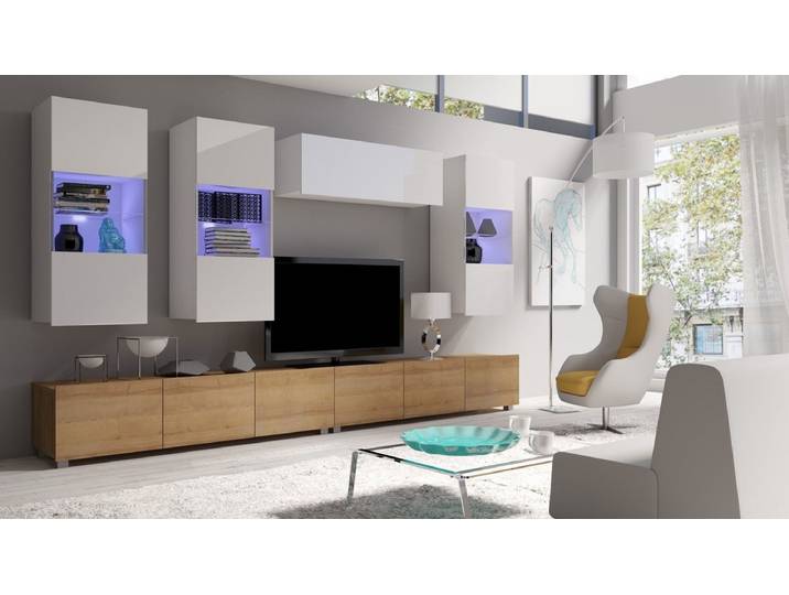 Designer Wohnwand Ricardo mit LED - Holz-Weiß - Luxusbetten24