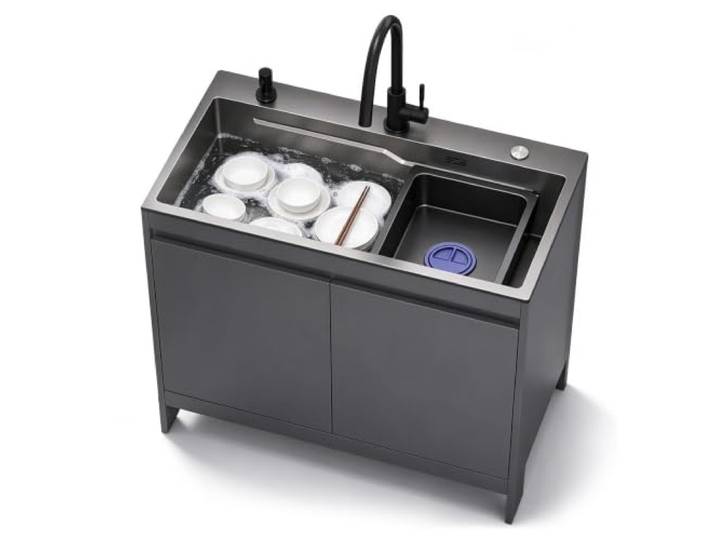 Freistehendes Waschbecken aus Edelstahl 304 mit Aufbewahrungsschrank Unterschrank Küche Mit Spüle Mit Unterschrank Für Warm- & Kaltwasser, Robustes Waschbecken(Gray,L80cmxW45cmxH85cm)