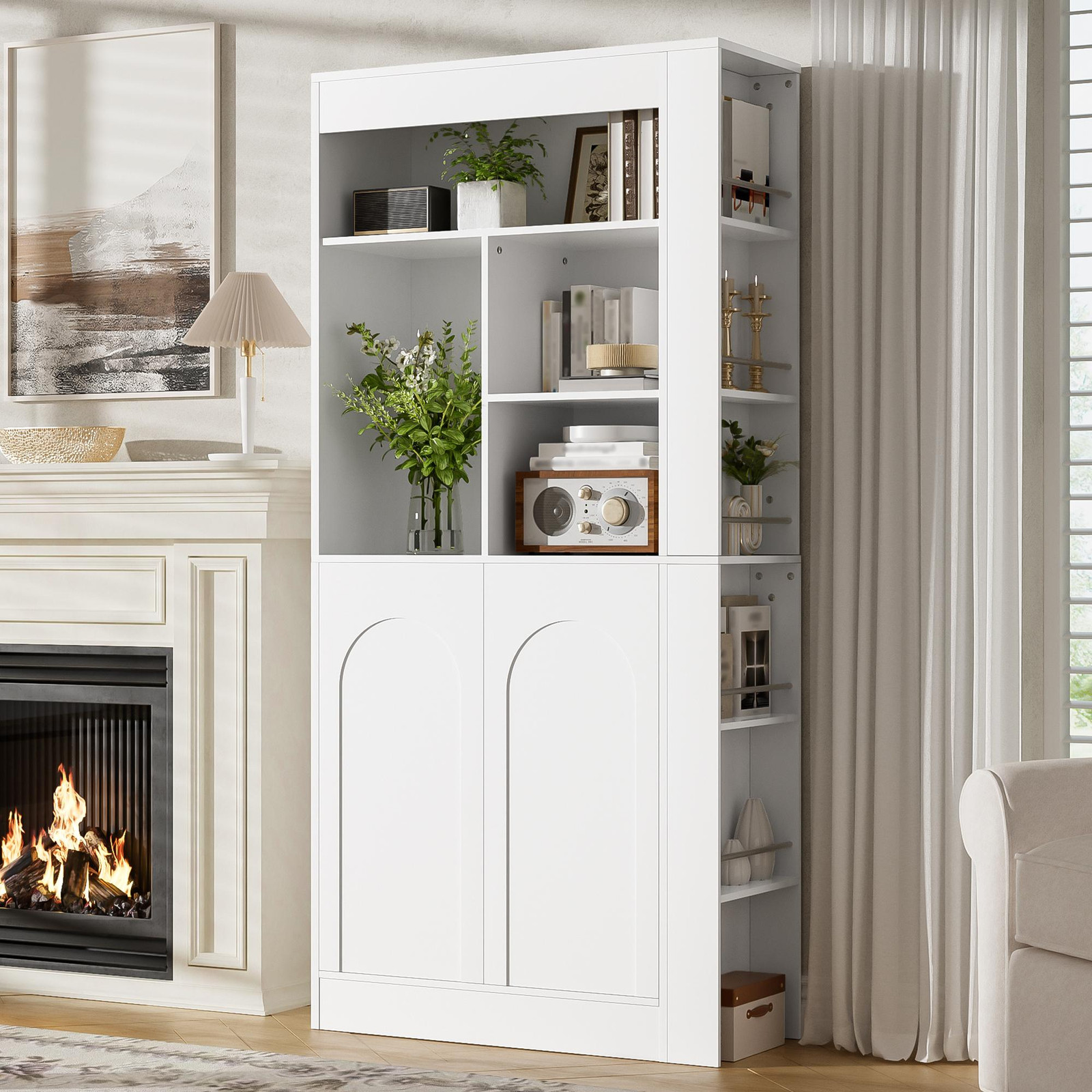 Okwish multifunctionele hoge kast met zijvakken en dubbele deur, wit