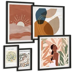 BILDER SET 5er Set - 50x50 cm & 20x30 cm & 40x60 cm Schwarzer Rahmen - Boho-Ästhetik, Pastellposter