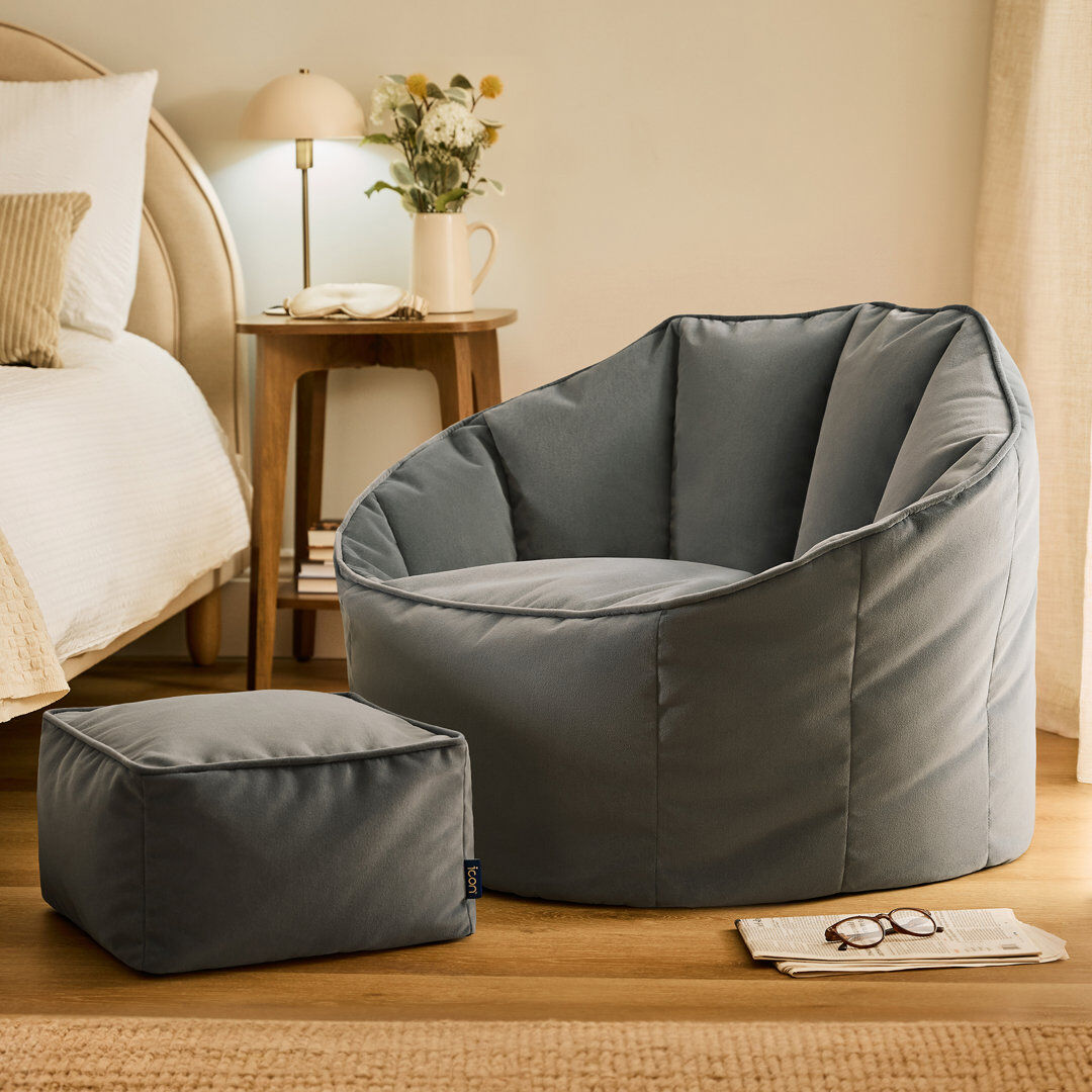 icon Sirena Scallop Chair Bean Bag and Footstool Ochre Yellow Velvet Bean Bags Charcoal Grey Large;Medium