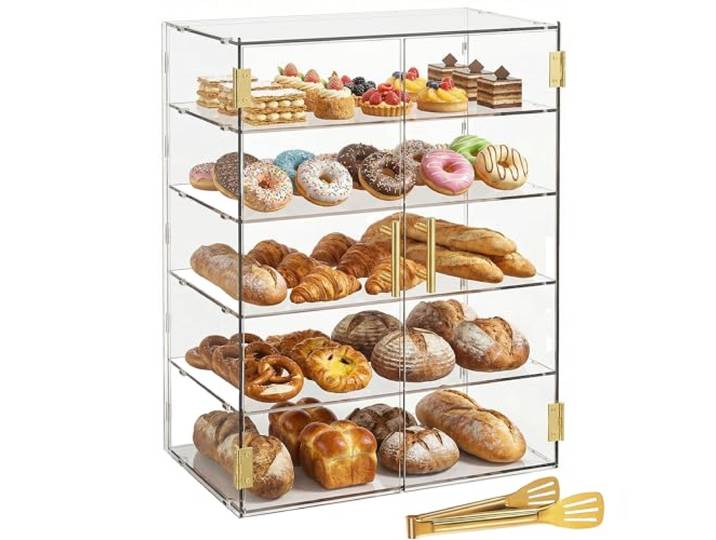 Cityjoy 5-stöckige Aufsatz-Bäckerei-Vitrine mit elastischer Autotür Acryl-Vitrine für Gebäck, Lebensmittel, Vitrine, Box für Brot, Dessert, Kekse, Backen