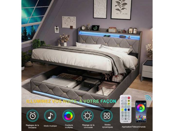 Lit coffre 140x200 cm - RWUDV - LED - USB - litcoffre 140x200 coffre - lit double -lit 140x200 avec sommier-lit 2 personnes-Lin gris