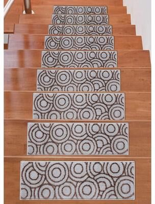 "Beverly Rug Indoor Non Slip Carpet Stair Treads w/ Installed Tape 9""x28"" Circles Grey / Brown"